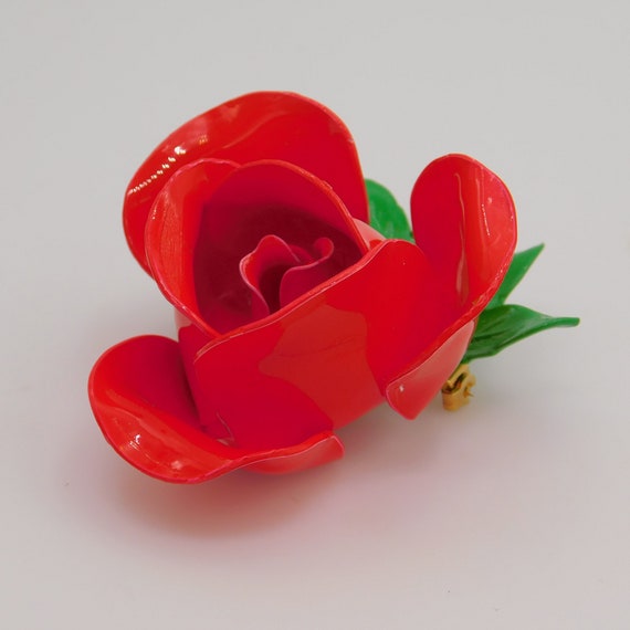 Vintage Flower Brooch, Blooming Red Rose, Red Ros… - image 5
