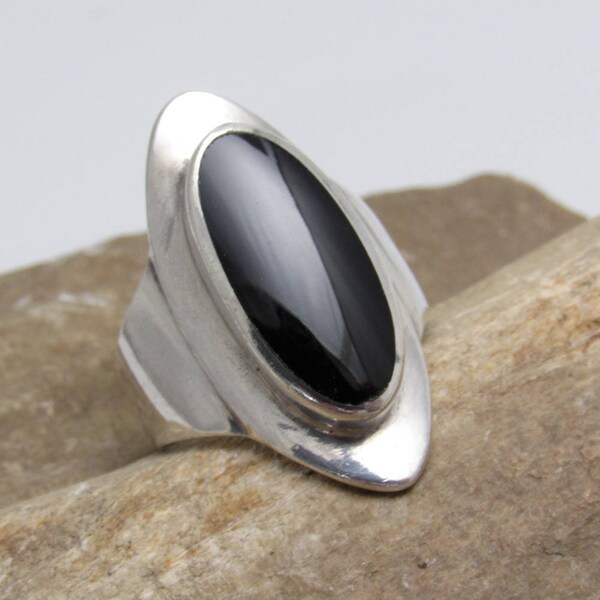 Long Sterling Onyx Ring Wide Band Black Vintage Jewelry R7656