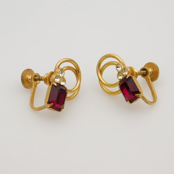 Vintage Red Rhinestone Earrings, Screw Back Rhine… - image 4