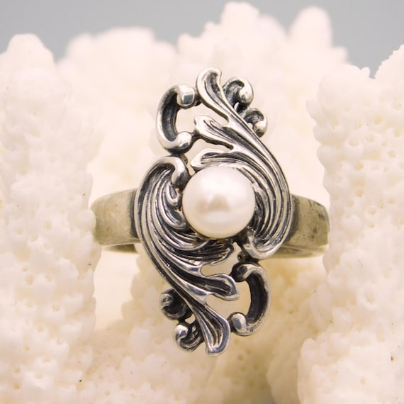Long Sterling Pearl Ring, Statement Ring - image 1