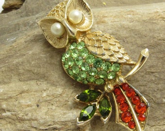 Rhinestone Owl Brooch, Vintage Bird Jewelry, Figural Vintage Brooch