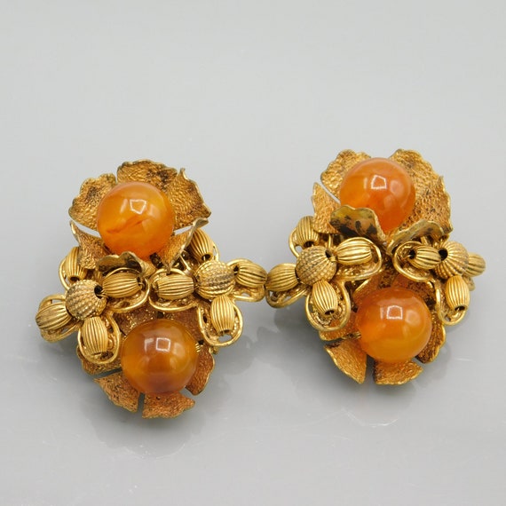 Vintage Miriam Haskell Clip on Earrings, Amber Gla