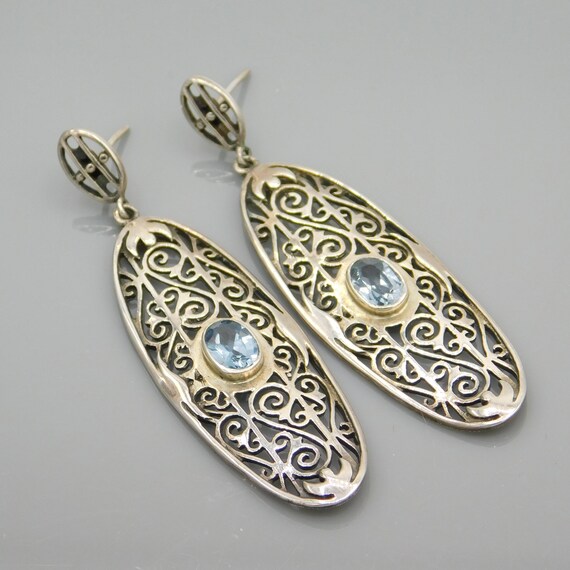 Long Sterling Blue Topaz Earrings, Open Metal Work