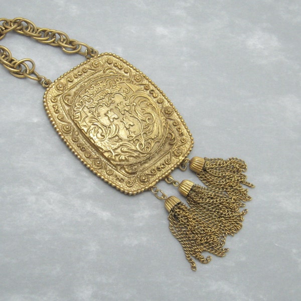 Huge Etruscan Pendant Long Necklace Bold Vintage Jewelry N5568