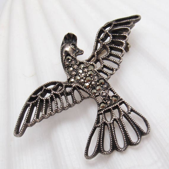 Sterling Marcasite Bird Brooch Vintage Jewelry  - image 2