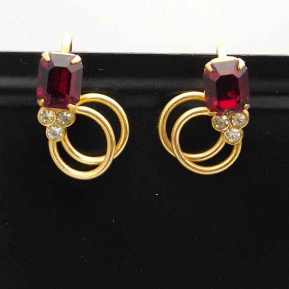 Vintage Red Rhinestone Earrings, Screw Back Rhine… - image 3