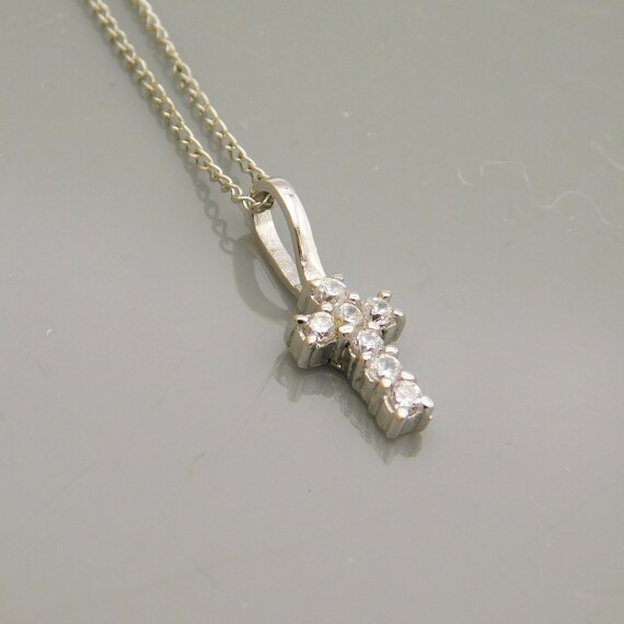 Vintage Petite Sterling CZ Cross Necklace, Small … - image 2