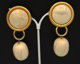 Vintage Les Bernard Clip On Earrings: Brushed Gold Tone & Simulated Bone