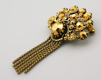 Vintage Hollycraft Brooch Chain Tassel, Aurum Gold Rhinestone Brooch