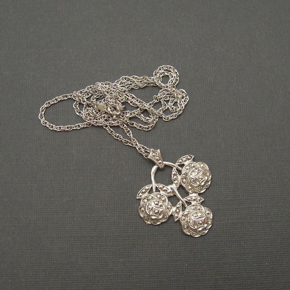 Sterling Marcasite Art Deco Rose Pendant Vintage … - image 5