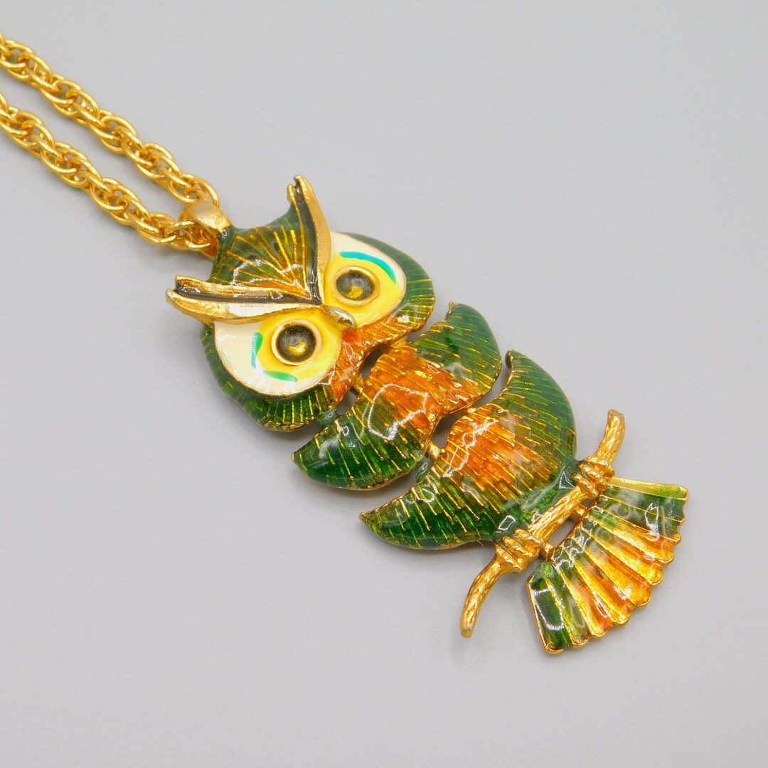 Vintage Owl Necklace, Articulated Owl Pendant, Vintage Enamel Owl