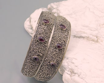 Double Sterling Cuff, Granulated Garnet Cuff Bracelet, Wide Granulated Sterling Bracelet, Sterling Garnet Bracelet, Granulated Sterling