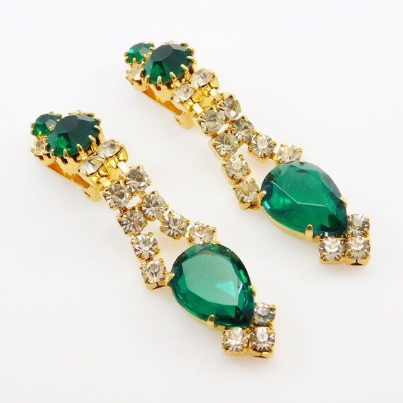 Long Vintage Green Rhinestone Earrings - image 6