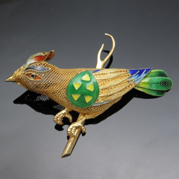 Silver Filigree Bird Brooch on Branch Chinese Import Enamel Vintage Jewelry P7487