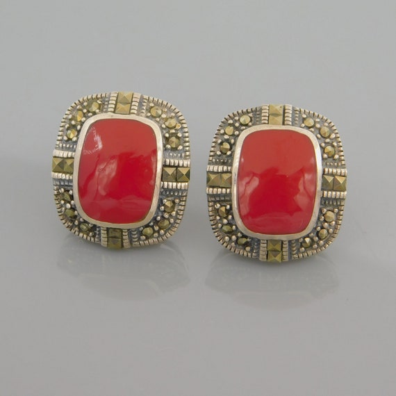 Sterling Marcasite Red Earrings, Vintage Red Earrings… - Gem