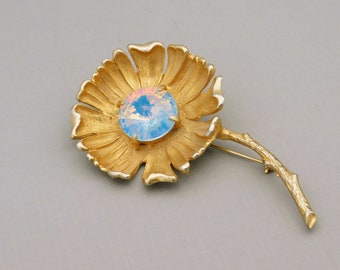 Big Vintage Flower Brooch, Opalescent Blue, Jeanne Jewelry