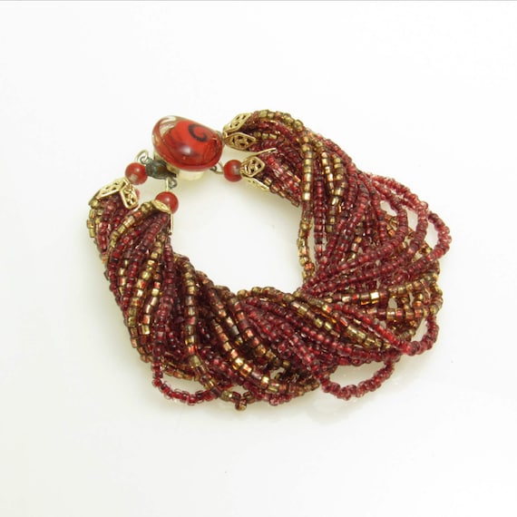 Vintage Red & Gold Seed Bead Bracelet - Multi-Str… - image 1