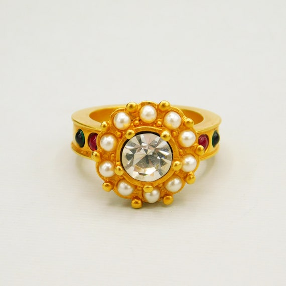 Vintage Rhinestone Pearl Ring, Georgian Style Ring - image 3