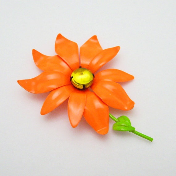 Vintage Orange Flower Brooch Fifties Neon - image 1