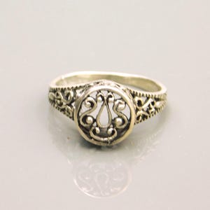 Pu&ograve; includere: Un anello color argento caratterizzato da un elemento centrale circolare con un intricato design in filigrana traforata. La fascia dell'anello presenta anche un dettagliato motivo a volute ripetute che si estende lungo i lati del metallo.