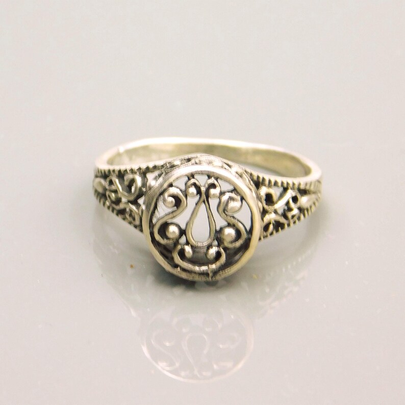 Pu&ograve; includere: Un anello color argento caratterizzato da un elemento centrale circolare con un intricato design in filigrana traforata. La fascia dell'anello presenta anche un dettagliato motivo a volute ripetute che si estende lungo i lati del metallo.