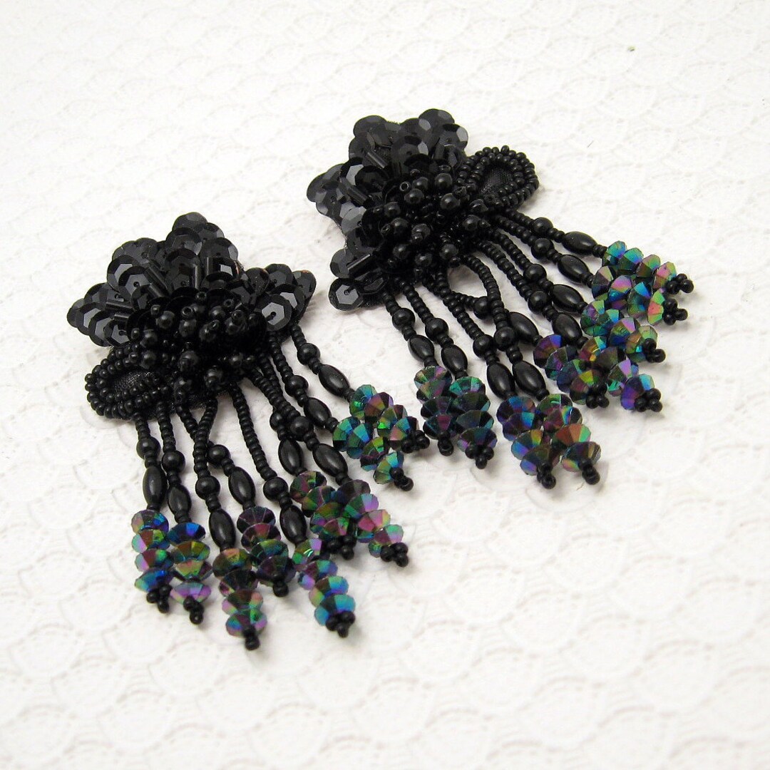Long Black Earrings Black Beaded Tassel Earrings Vintage Etsy