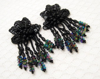 Long Black Earrings, Black Beaded Tassel Earrings, Vintage Beaded Jewelry, Carnival Glass Beads, Dangly Earrings