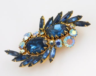 Vintage Blue Rhinestone Brooch, Rhinestone Statement Brooch, Vintage Rhinestone Jewelry, Mid-Century Jewelry