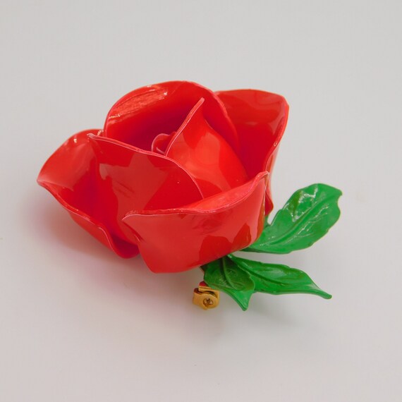 Vintage Flower Brooch, Blooming Red Rose, Red Ros… - image 2