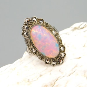 Vintage Sterling Marcasite Glass Opal Ring, Uncas Jewelry