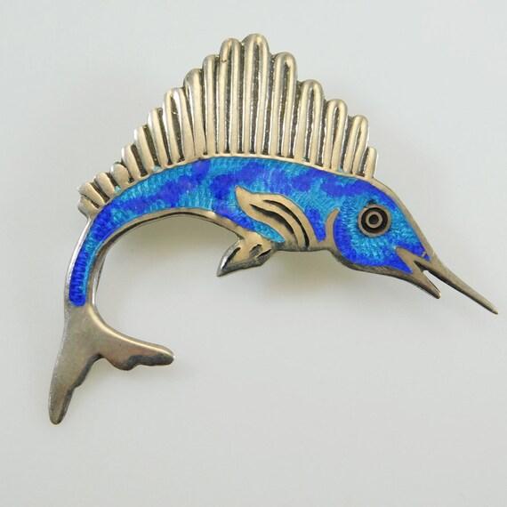 Sterling Enamel Swordfish Brooch, Unique Sterling… - image 4