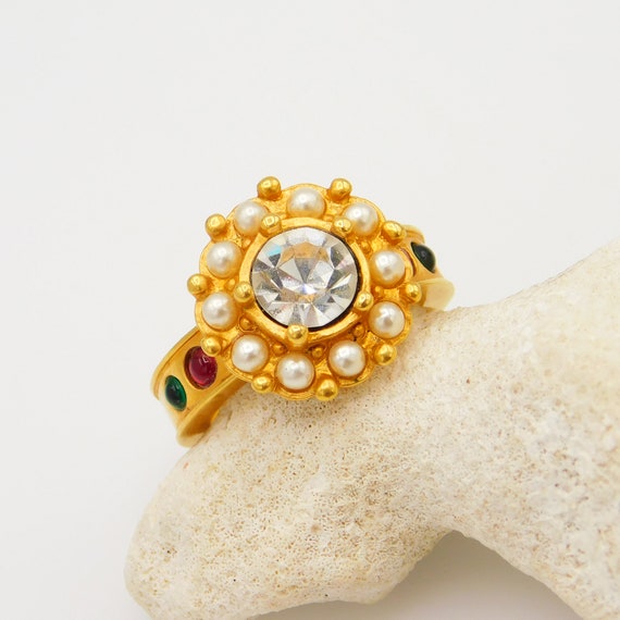 Vintage Rhinestone Pearl Ring, Georgian Style Ring - image 7