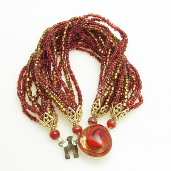 Vintage Red & Gold Seed Bead Bracelet - Multi-Str… - image 5