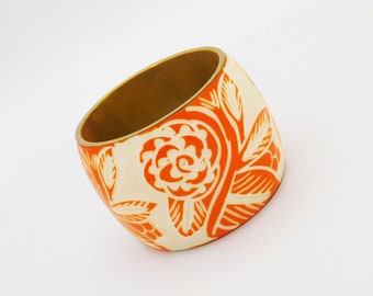 Wide 80s Bangle, Carved Floral Bangle, Vintage Orange Bracelet, Vintage Wide Bracelet