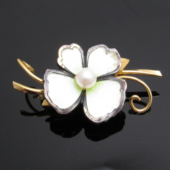 Sterling Pearl Flower Brooch White Enamel Gold Fi… - image 2