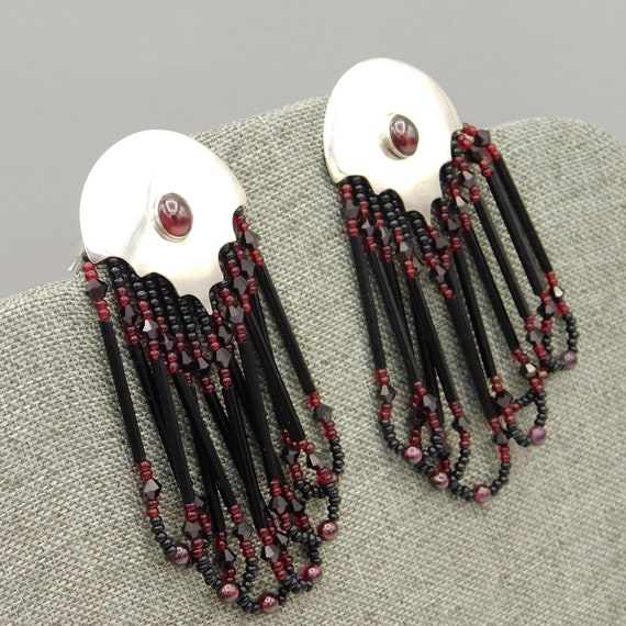 Vintage Long Sterling Red Beaded Earrings, Unique… - image 4