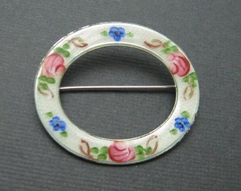 Vintage Sterling Enamel Brooch, La Mode Circle Brooch, Floral Enamel Jewelry, Vintage Bridal Jewelry, Pink Flower Jewelry