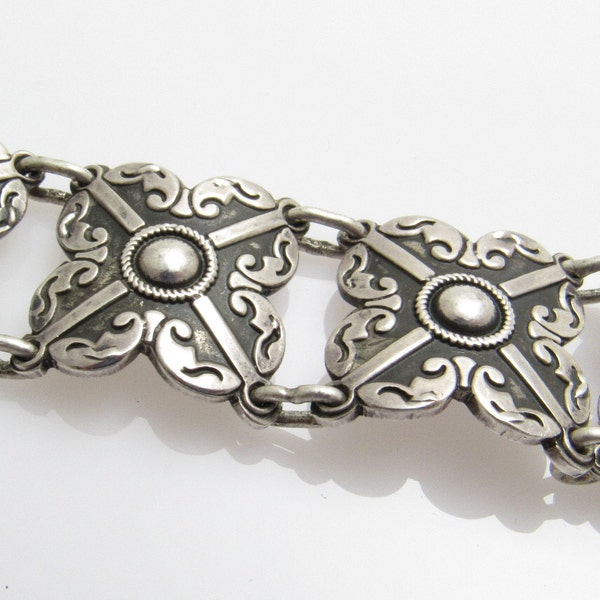 Wide Mexican Sterling Panel Link Bracelet Vintage Jewelry B7645