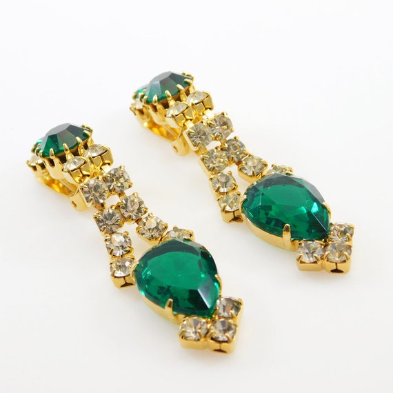 Long Vintage Green Rhinestone Earrings - image 5