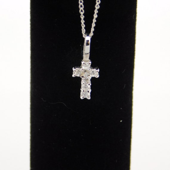 Vintage Petite Sterling CZ Cross Necklace, Small … - image 1
