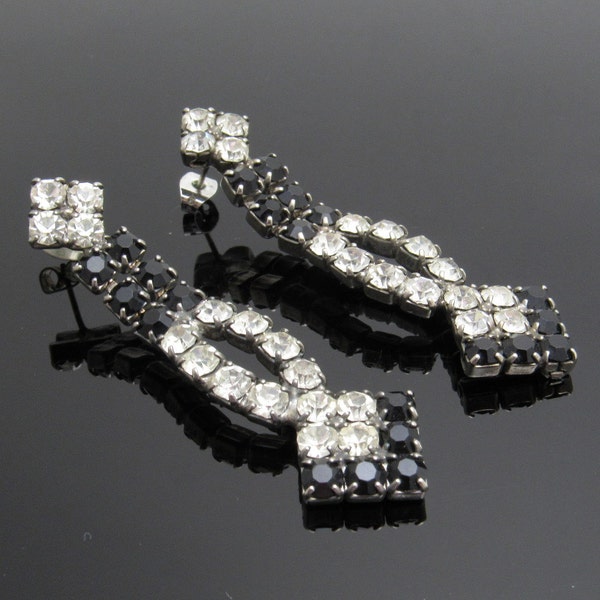 Long Rhinestone Earrings Vintage Jewelry Black Rhinestones