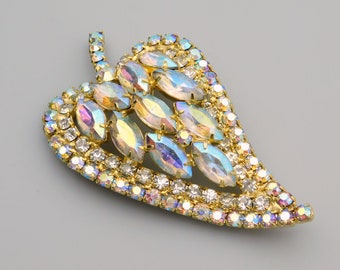 Big Stylized Rhinestone Leaf Brooch, Vintage AB Rhinestone Jewelry