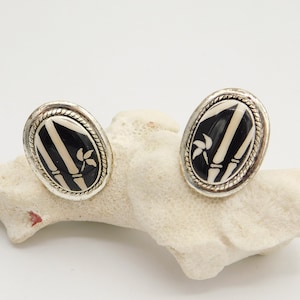 Vintage Black and White Bamboo Earrings, Clip on Earrings