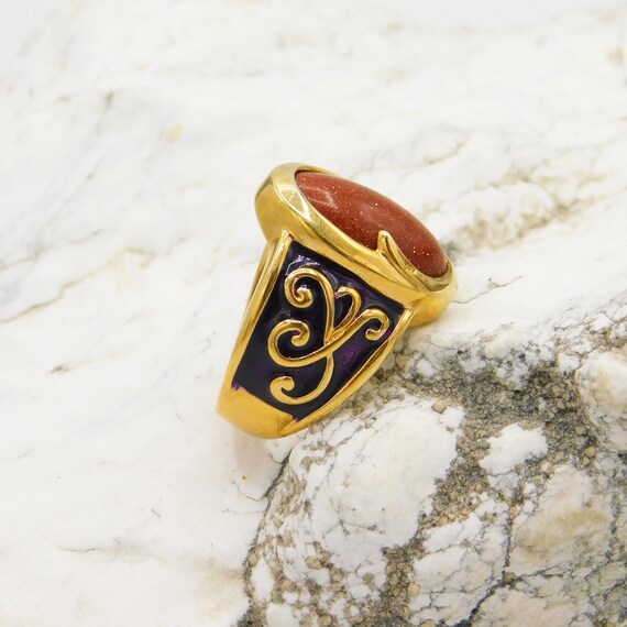 Sterling Enamel Ring, Vermeil Goldstone Sparkly R… - image 4