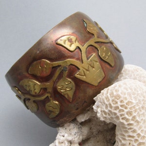 Wide Vintage Cuff Bracelet Copper and Brass Vine Leaf