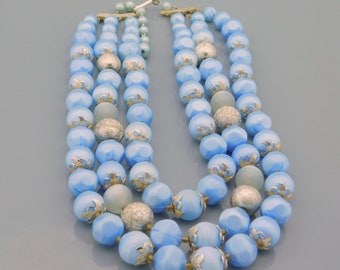 Vintage Multistrand Necklace, Mid-Century Necklace, Blue Bead Necklace, Vintage Costume Jewelry