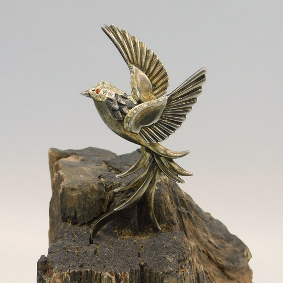 Vintage Sterling Bird Brooch, Bird in Flight, Big… - image 9