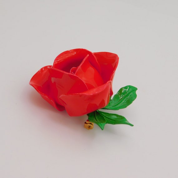 Vintage Flower Brooch, Blooming Red Rose, Red Ros… - image 3