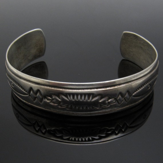 Vintage Native American Etched Sterling Cuff Bracelet, Signed JR, Fits Small Wrist