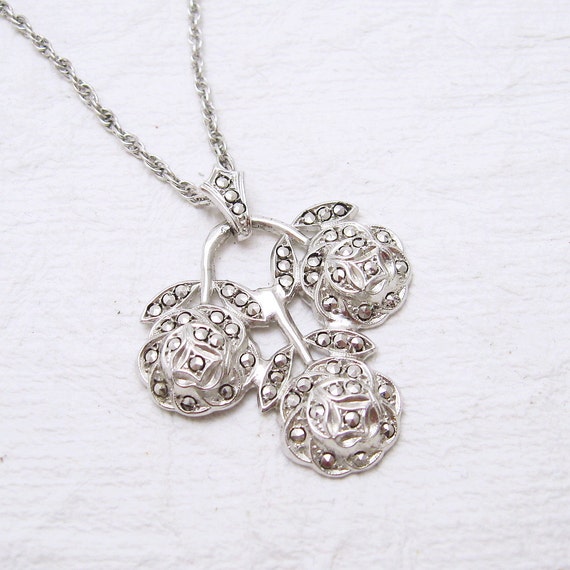 Sterling Marcasite Art Deco Rose Pendant Vintage … - image 3